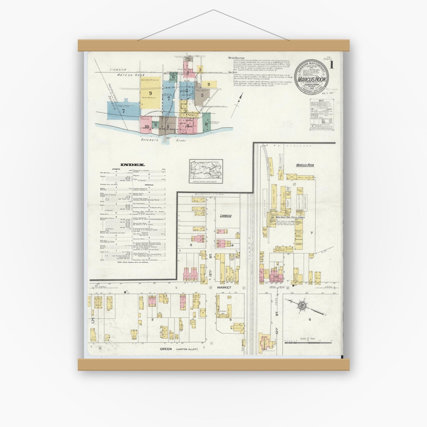 Old map wall art mockup — magnetic wood frame on white wall — Sanborn Fire Insurance Map from Marcus Hook, Chester County, Pennsylvania (1912) - Complete Map Set