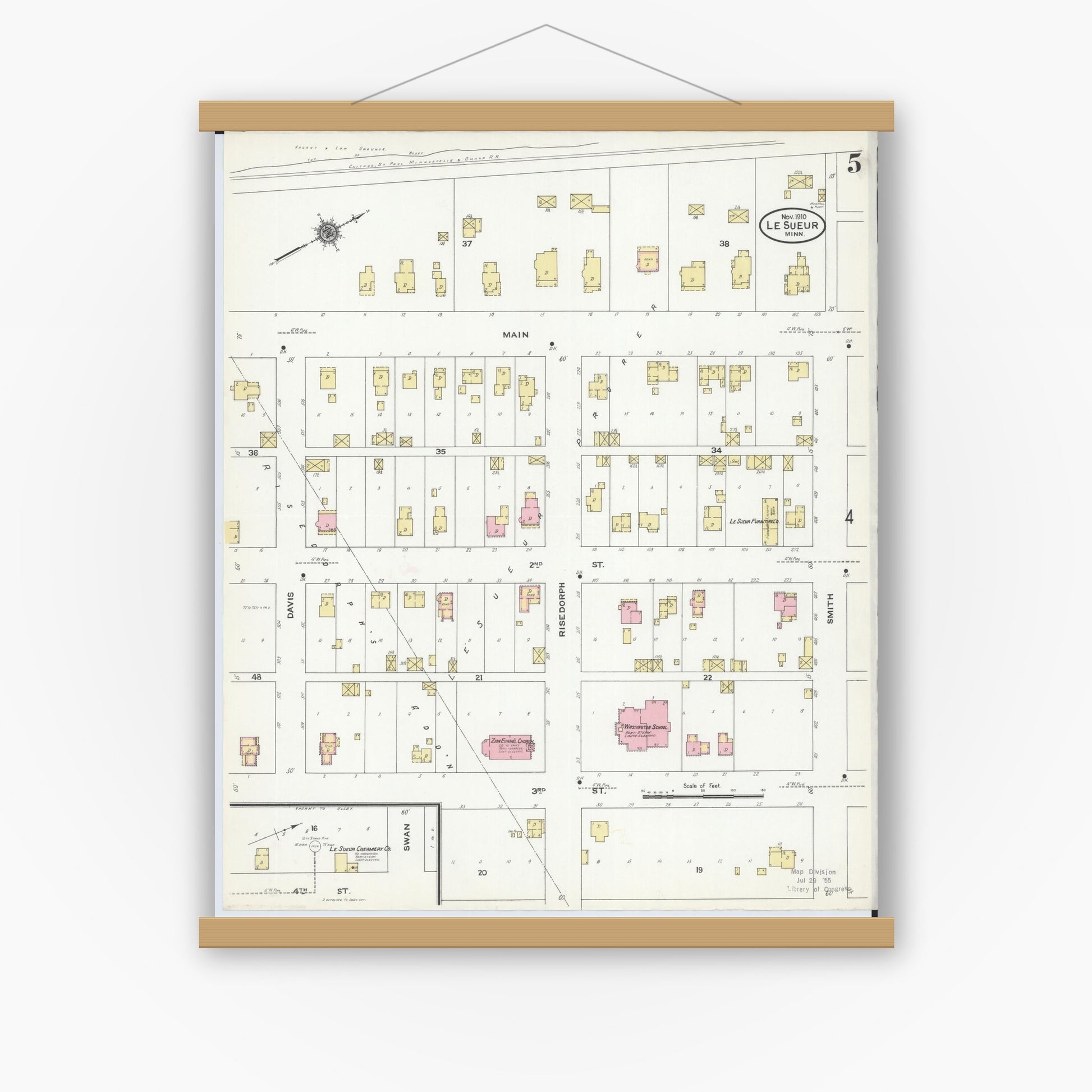 Old map wall art mockup — magnetic wood frame on white wall — Sanborn Fire Insurance Map from Le Sueur, Le Sueur County, Minnesota (1910), Sheet #0005