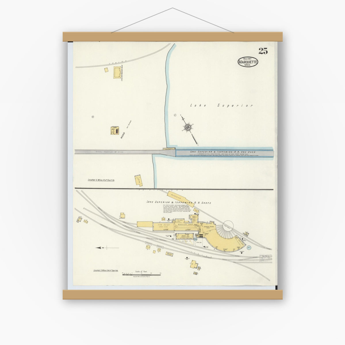 Old map wall art mockup — magnetic wood frame on white wall — Sanborn Fire Insurance Map from Marquette, Marquette County, Michigan (1917), Sheet #0025