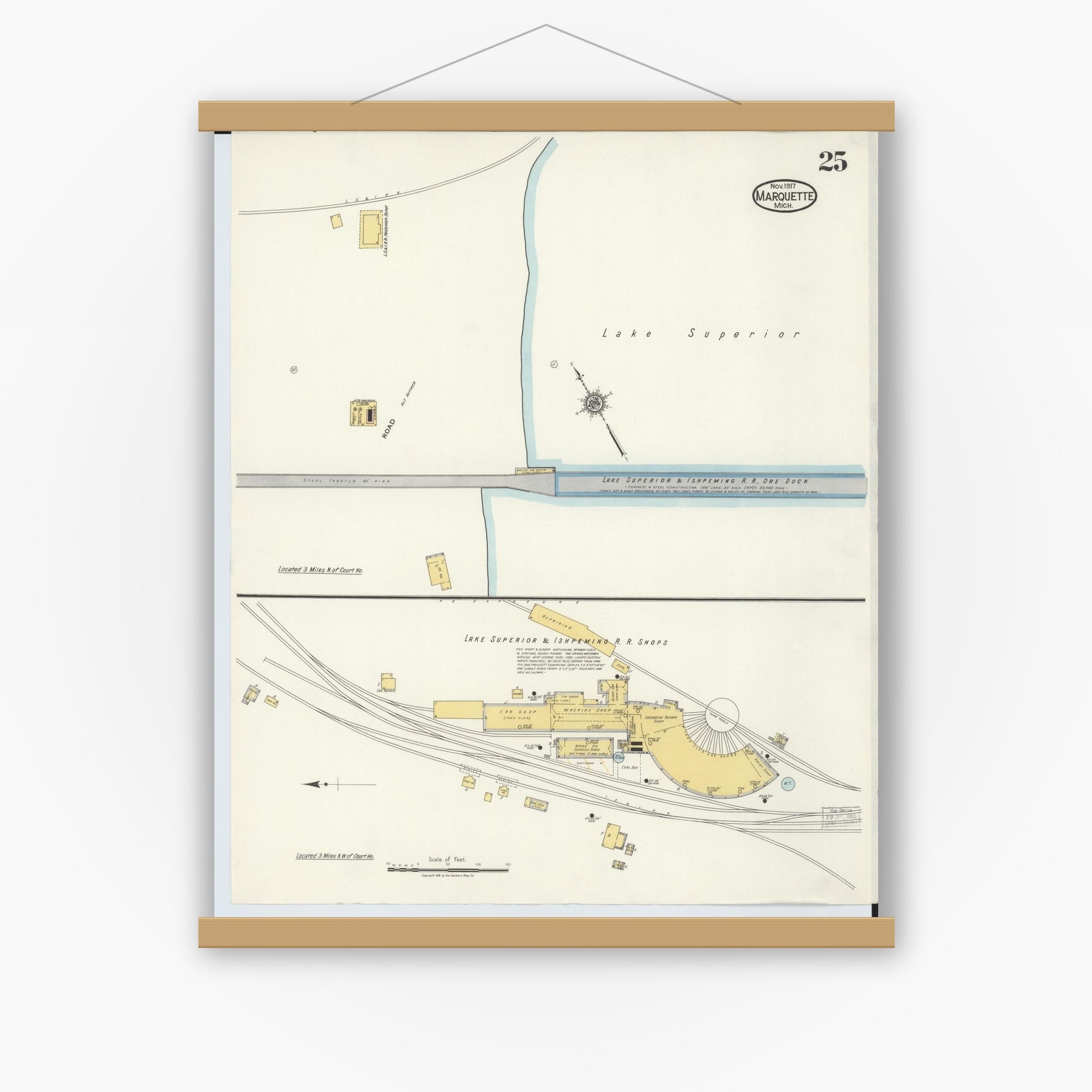 Old map wall art mockup — magnetic wood frame on white wall — Sanborn Fire Insurance Map from Marquette, Marquette County, Michigan (1917), Sheet #0025