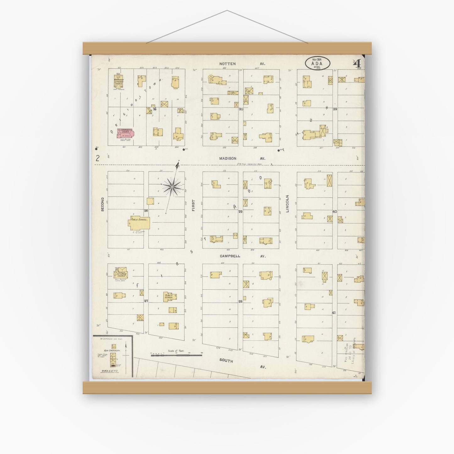 Old map wall art mockup — magnetic wood frame on white wall — Sanborn Fire Insurance Map from Ada, Norman County, Minnesota (1904), Sheet #0004
