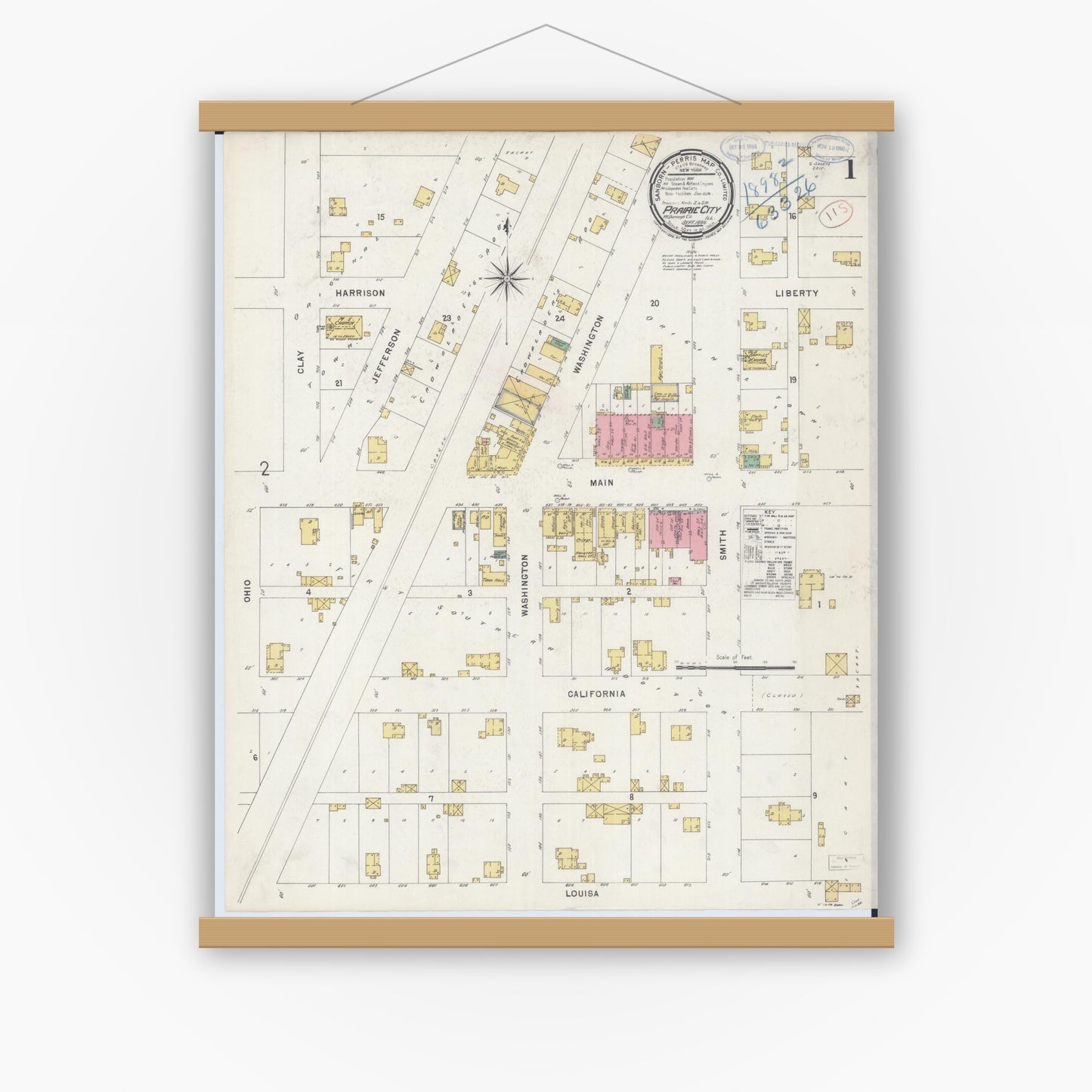 Old map wall art mockup — magnetic wood frame on white wall — Sanborn Fire Insurance Map from Prairie City, Mcdonough County, Illinois (1898), Sheet #0001