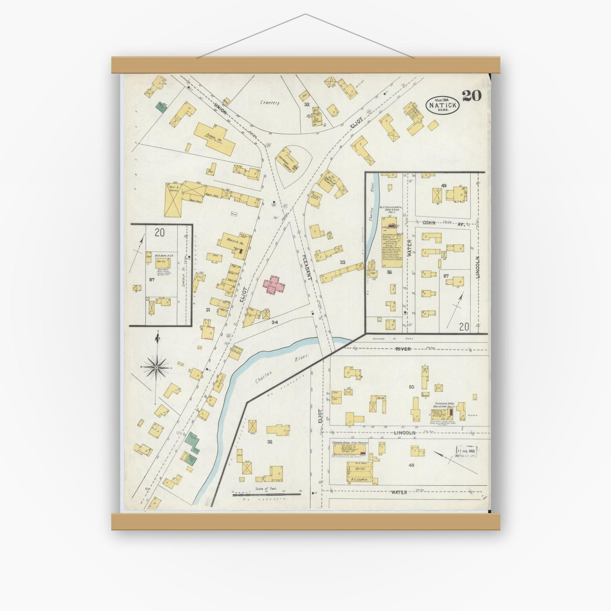 Old map wall art mockup — magnetic wood frame on white wall — Sanborn Fire Insurance Map from Natick, Middlesex County, Massachusetts (1904), Sheet #0020