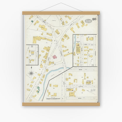 Old map wall art mockup — magnetic wood frame on white wall — Sanborn Fire Insurance Map from Natick, Middlesex County, Massachusetts (1904), Sheet #0020