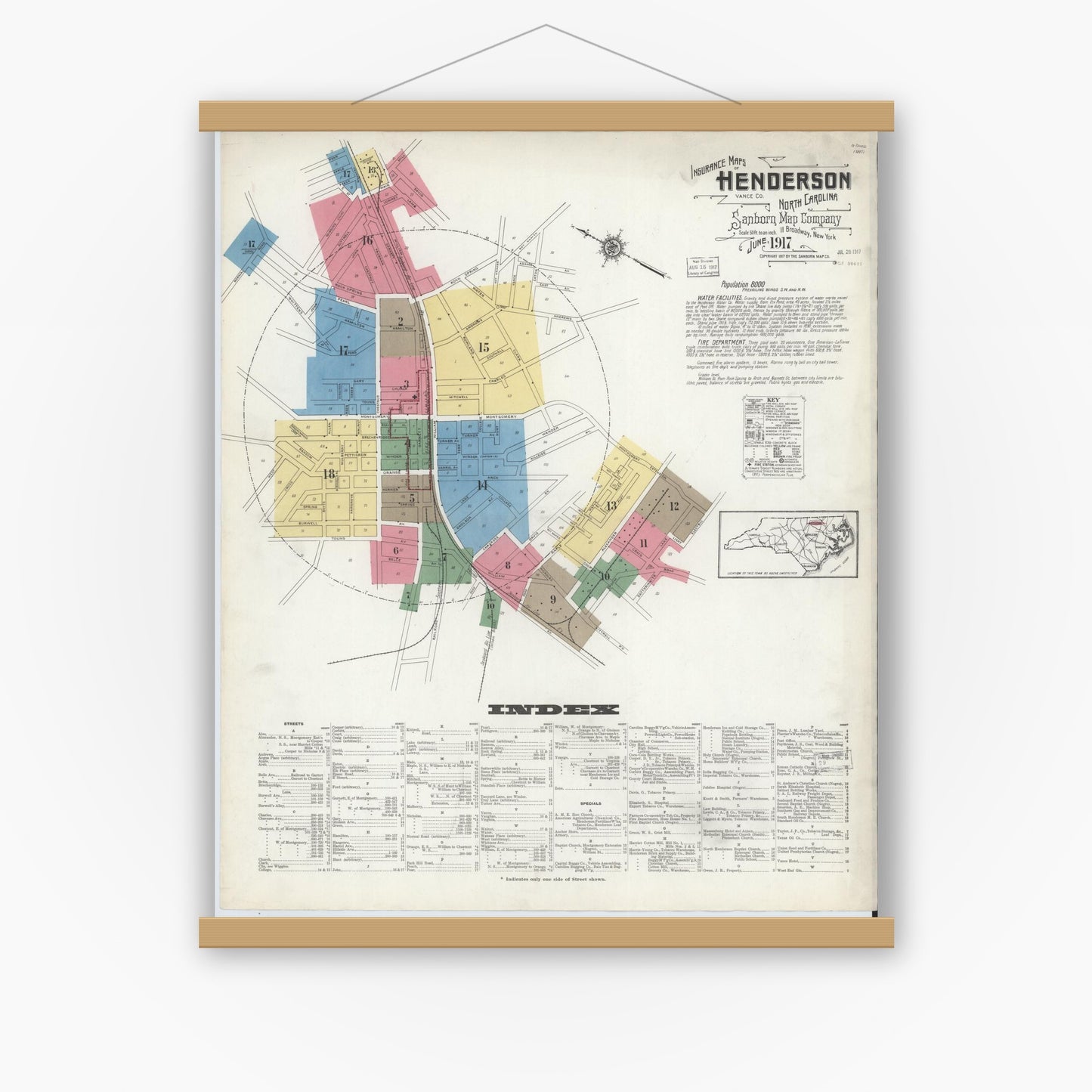 Old map wall art mockup — magnetic wood frame on white wall — Sanborn Fire Insurance Map from Henderson, Vance County, North Carolina (1917) - Complete Map Set
