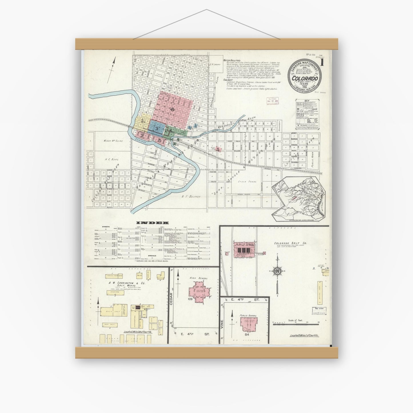 Old map wall art mockup — magnetic wood frame on white wall — Sanborn Fire Insurance Map from Colorado, Mitchell County, Texas (1914), Sheet #0001