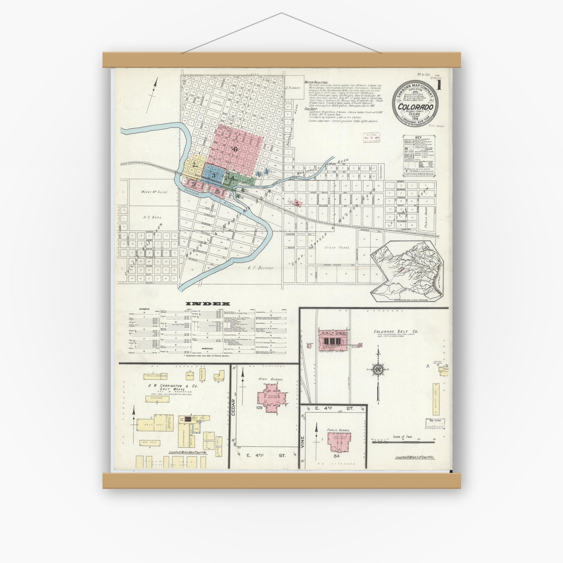 Old map wall art mockup — magnetic wood frame on white wall — Sanborn Fire Insurance Map from Colorado, Mitchell County, Texas (1914), Sheet #0001