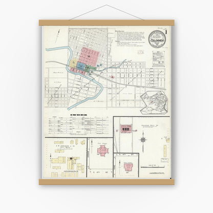 Old map wall art mockup — magnetic wood frame on white wall — Sanborn Fire Insurance Map from Colorado, Mitchell County, Texas (1914), Sheet #0001