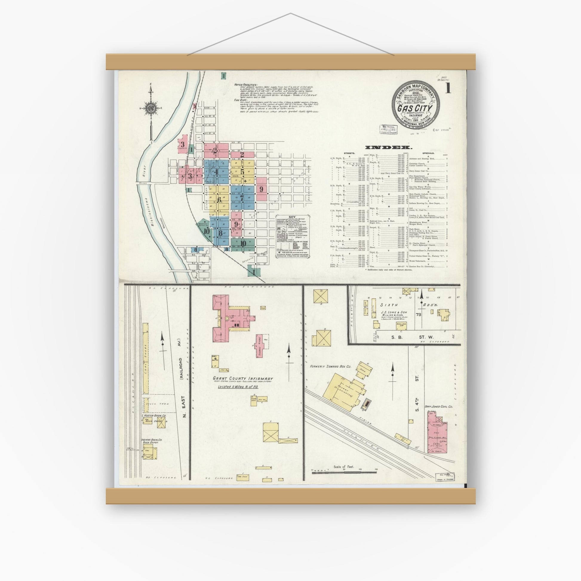 Old map wall art mockup — magnetic wood frame on white wall — Sanborn Fire Insurance Map from Gas City, Grant County, Indiana (1911), Sheet #0001