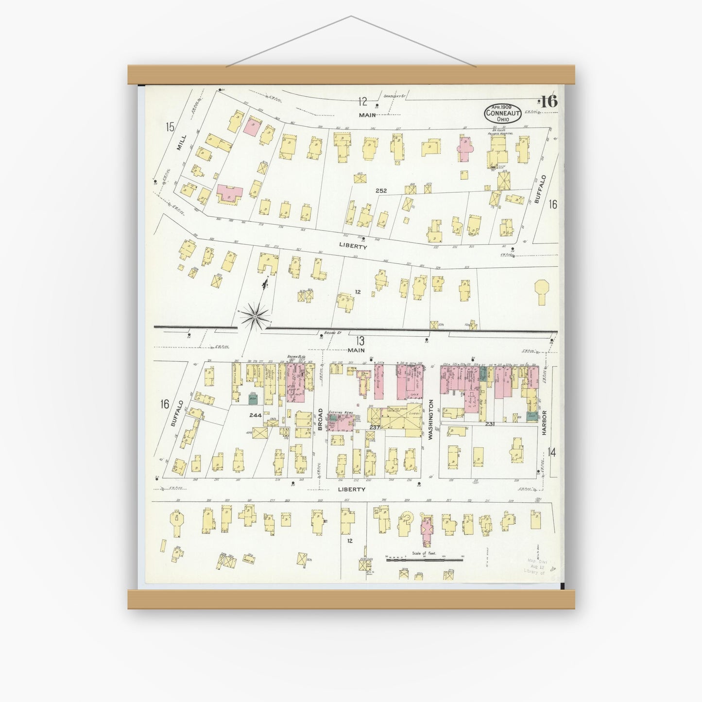 Old map wall art mockup — magnetic wood frame on white wall — Sanborn Fire Insurance Map from Conneaut, Ashtabula County, Ohio (1909), Sheet #0016