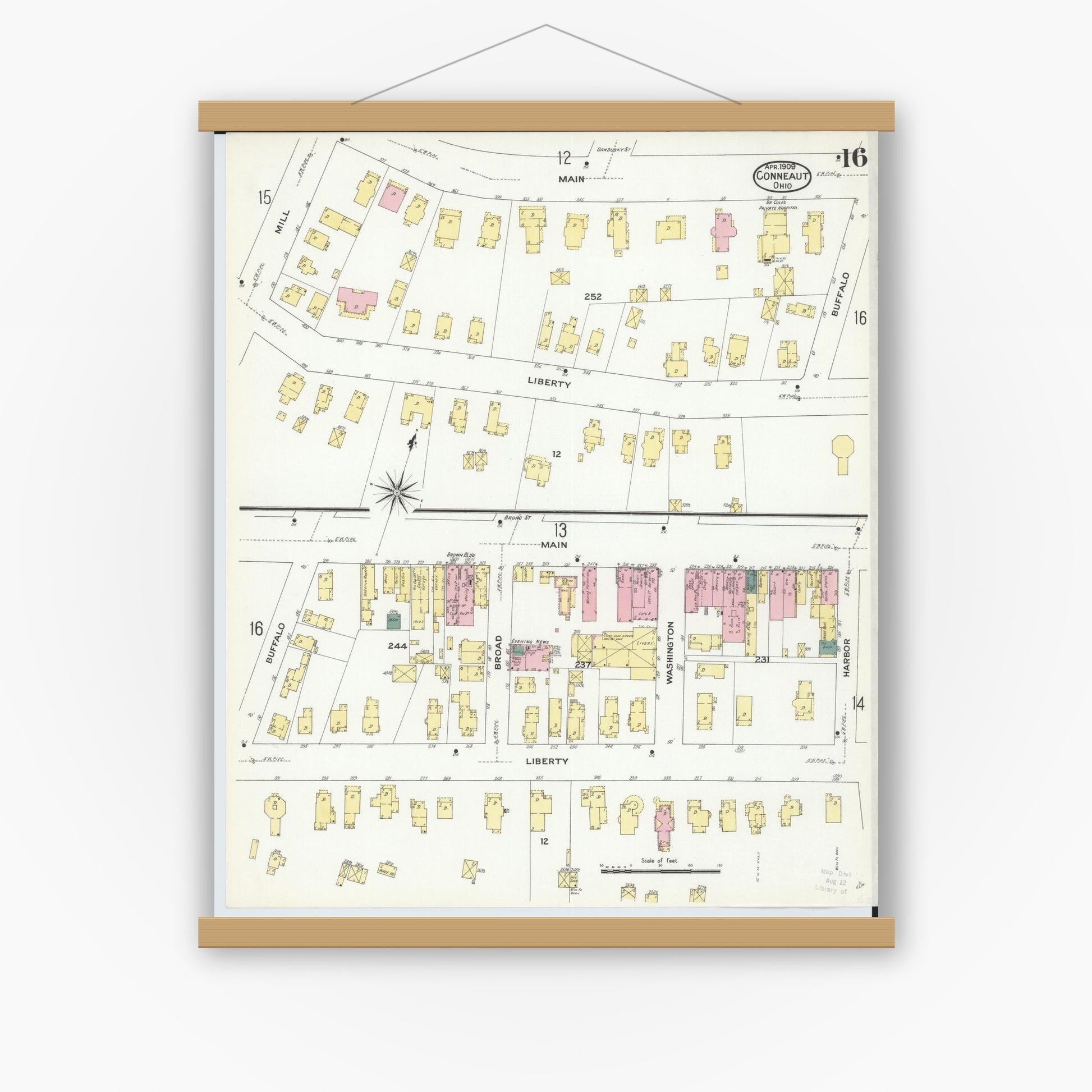 Old map wall art mockup — magnetic wood frame on white wall — Sanborn Fire Insurance Map from Conneaut, Ashtabula County, Ohio (1909), Sheet #0016