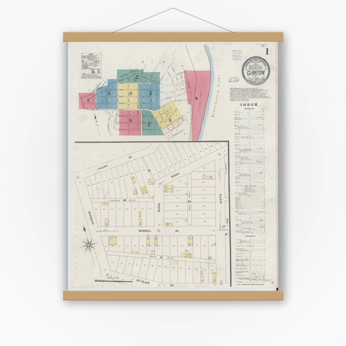 Old map wall art mockup — magnetic wood frame on white wall — Sanborn Fire Insurance Map from Clairton, Allegheny County, Pennsylvania (1907) - Complete Map Set