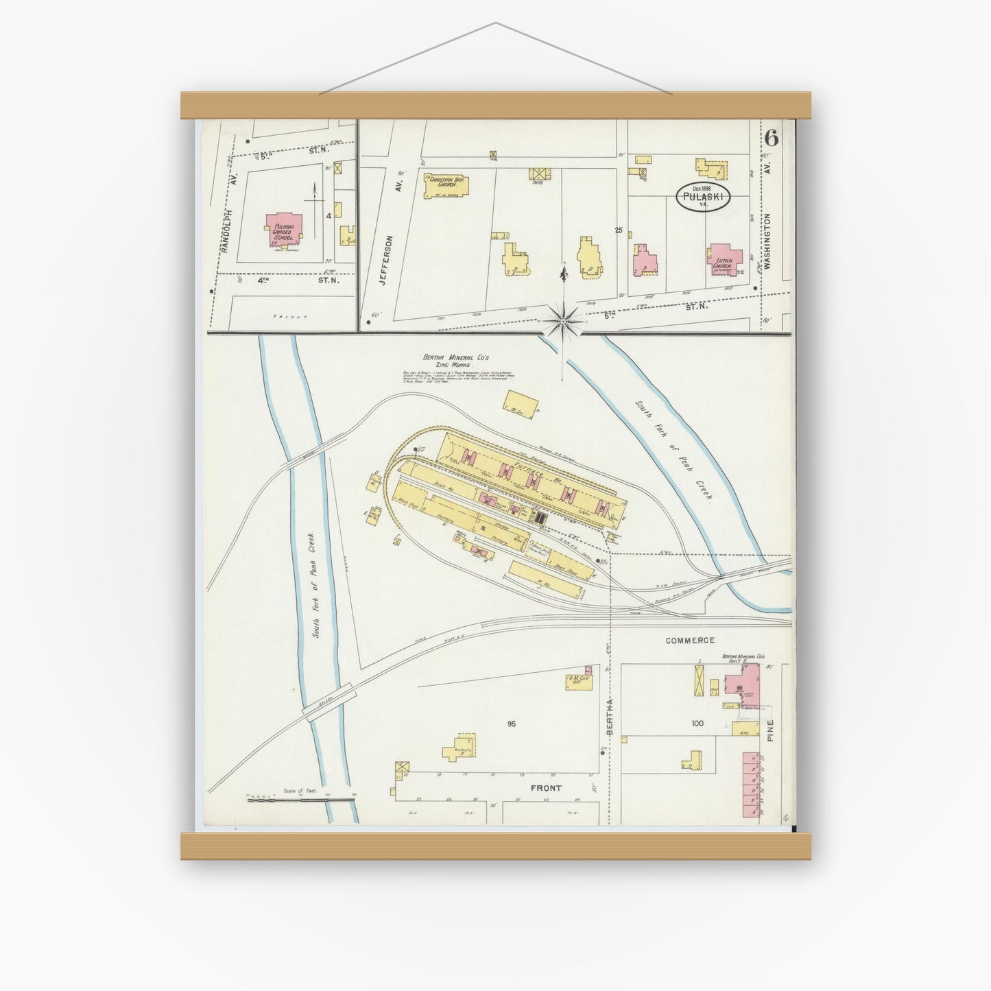 Old map wall art mockup — magnetic wood frame on white wall — Sanborn Fire Insurance Map from Pulaski, Pulaski County, Virginia (1898), Sheet #0006