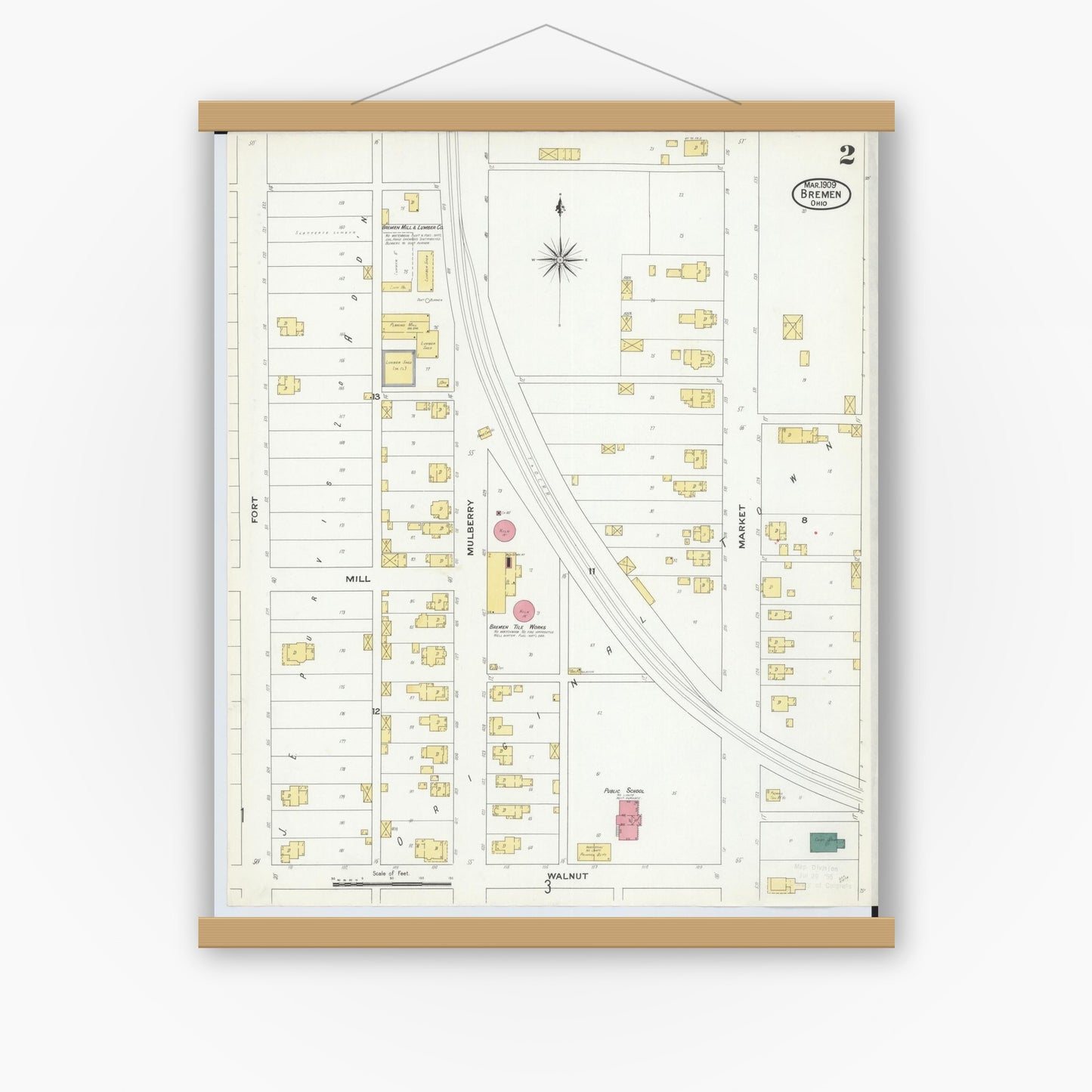 Old map wall art mockup — magnetic wood frame on white wall — Sanborn Fire Insurance Map from Bremen, Fairfield County, Ohio (1909), Sheet #0002