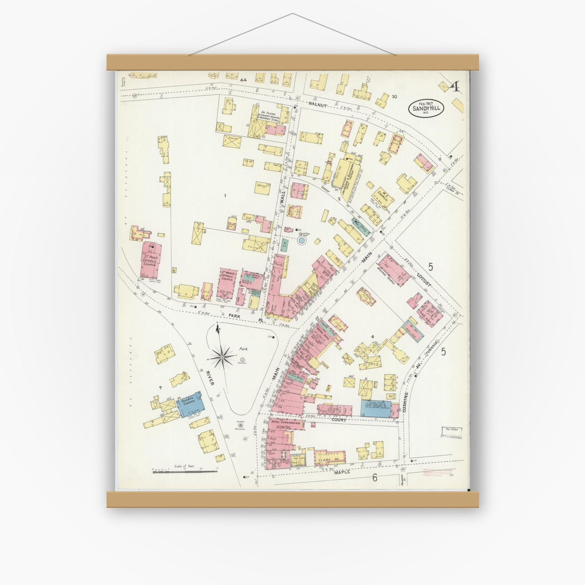 Old map wall art mockup — magnetic wood frame on white wall — Sanborn Fire Insurance Map from Sandy Hill, Washington County, New York (1907), Sheet #0004