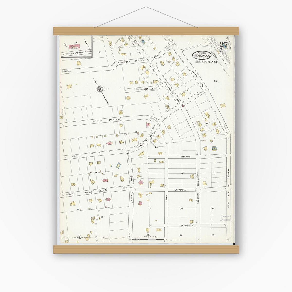 Old map wall art mockup — magnetic wood frame on white wall — Sanborn Fire Insurance Map from Ridgewood, Bergen County, New Jersey (1916), Sheet #0027