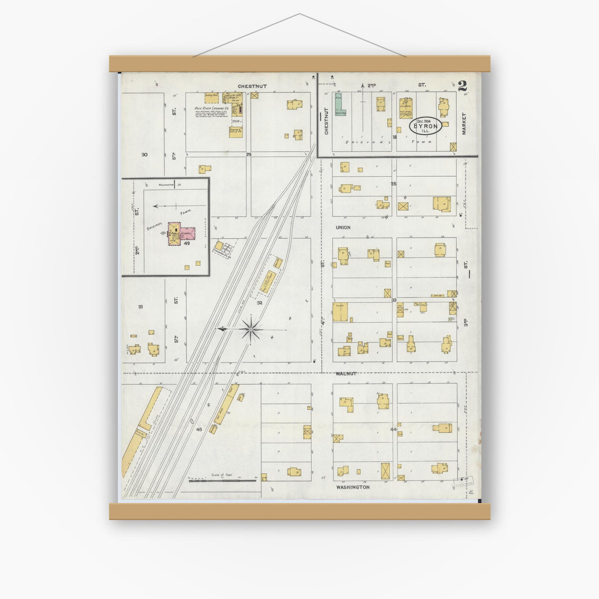 Old map wall art mockup — magnetic wood frame on white wall — Sanborn Fire Insurance Map from Byron, Ogle County, Illinois (1904), Sheet #0002