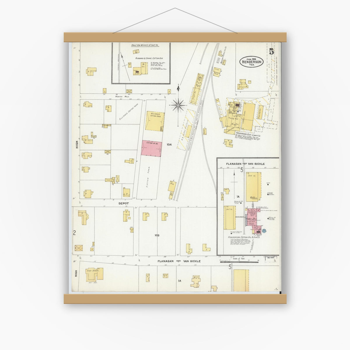 Old map wall art mockup — magnetic wood frame on white wall — Sanborn Fire Insurance Map from Henderson, Rusk County, Texas (1906), Sheet #0005