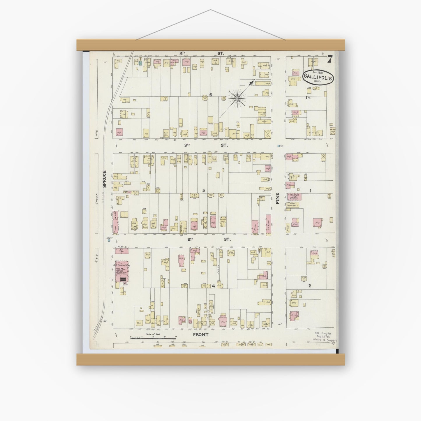 Old map wall art mockup — magnetic wood frame on white wall — Sanborn Fire Insurance Map from Gallipolis, Gallia County, Ohio (1890), Sheet #0007