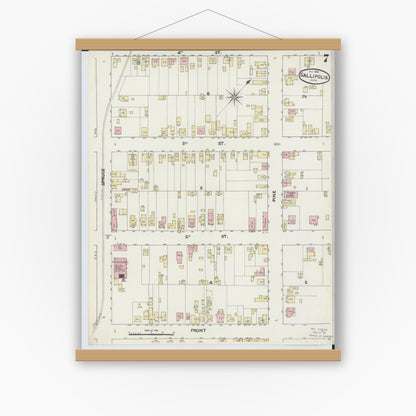 Old map wall art mockup — magnetic wood frame on white wall — Sanborn Fire Insurance Map from Gallipolis, Gallia County, Ohio (1890), Sheet #0007