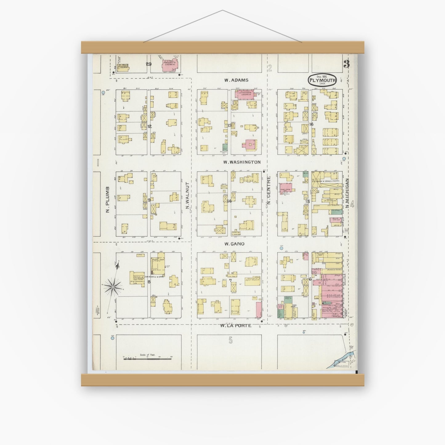 Old map wall art mockup — magnetic wood frame on white wall — Sanborn Fire Insurance Map from Plymouth, Marhshall County, Indiana (1892), Sheet #0003
