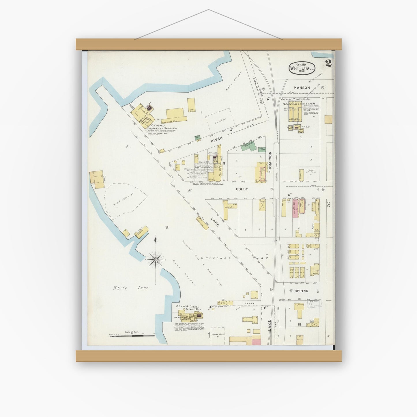 Old map wall art mockup — magnetic wood frame on white wall — Sanborn Fire Insurance Map from Whitehall, Muskegon County, Michigan (1896), Sheet #0002