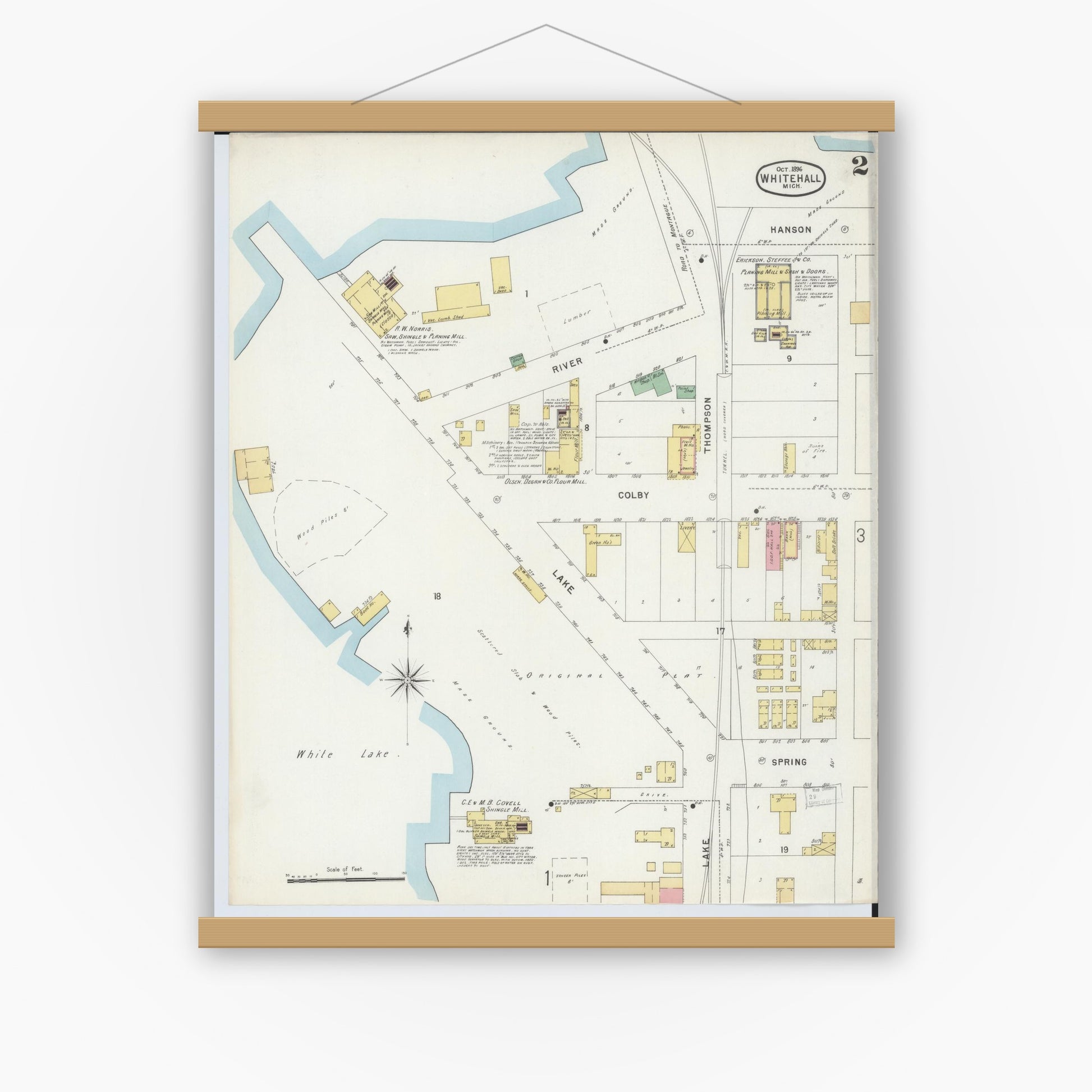 Old map wall art mockup — magnetic wood frame on white wall — Sanborn Fire Insurance Map from Whitehall, Muskegon County, Michigan (1896), Sheet #0002