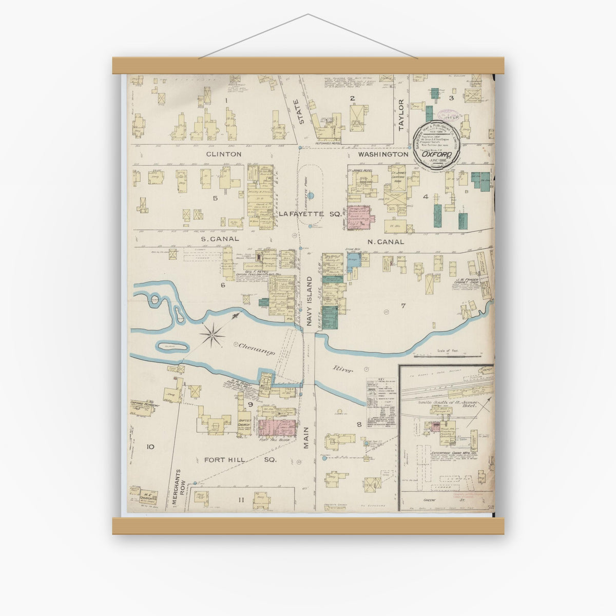 Old map wall art mockup — magnetic wood frame on white wall — Sanborn Fire Insurance Map from Oxford, Chenango County, New York (1886), Sheet #0001