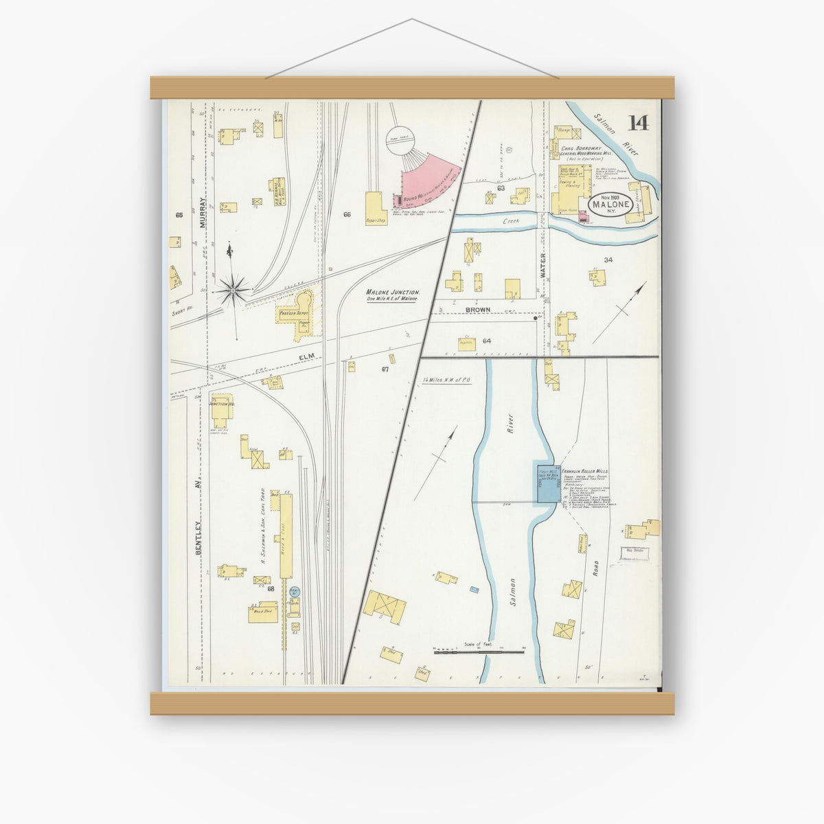 Old map wall art mockup — magnetic wood frame on white wall — Sanborn Fire Insurance Map from Malone, Franklin County, New York (1903), Sheet #0014