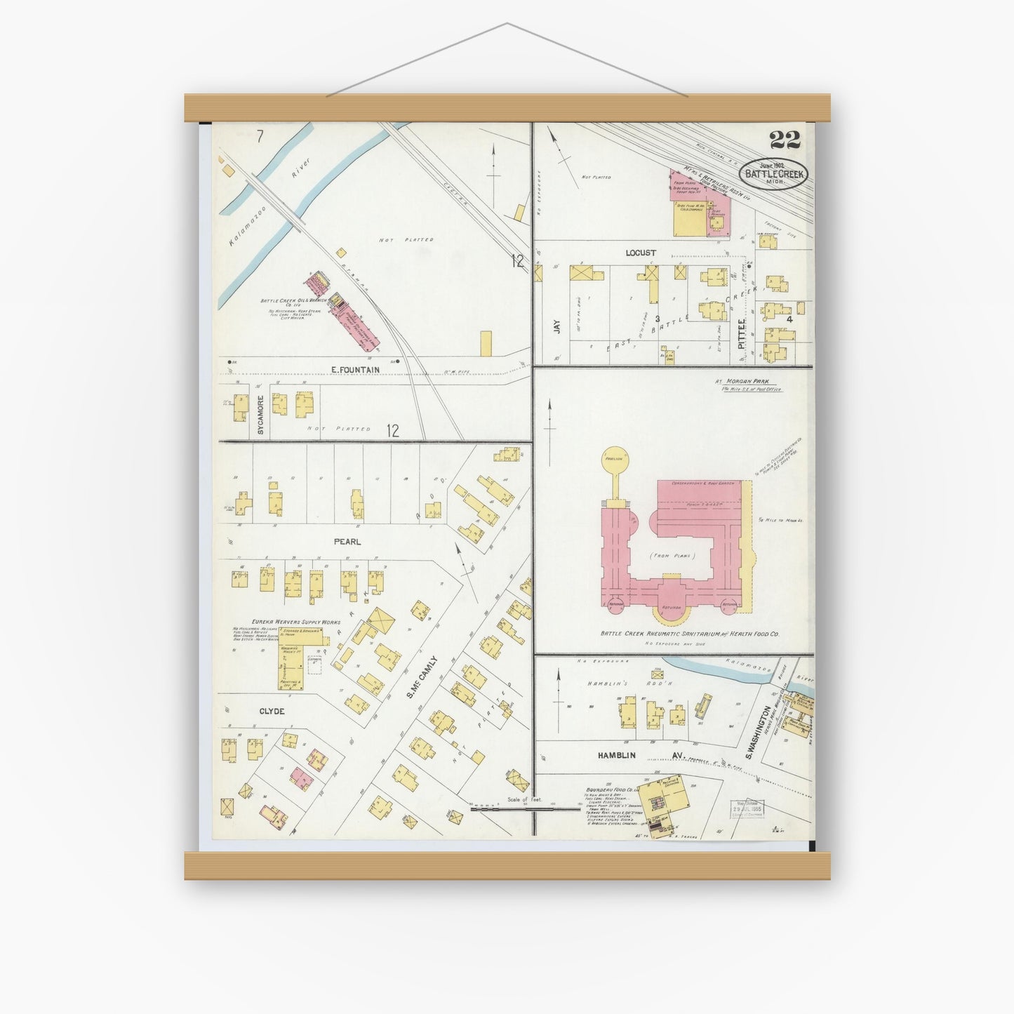 Old map wall art mockup — magnetic wood frame on white wall — Sanborn Fire Insurance Map from Battle Creek, Calhoun County, Michigan (1902), Sheet #0022