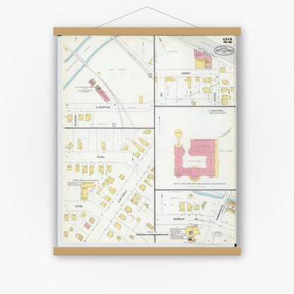 Old map wall art mockup — magnetic wood frame on white wall — Sanborn Fire Insurance Map from Battle Creek, Calhoun County, Michigan (1902), Sheet #0022