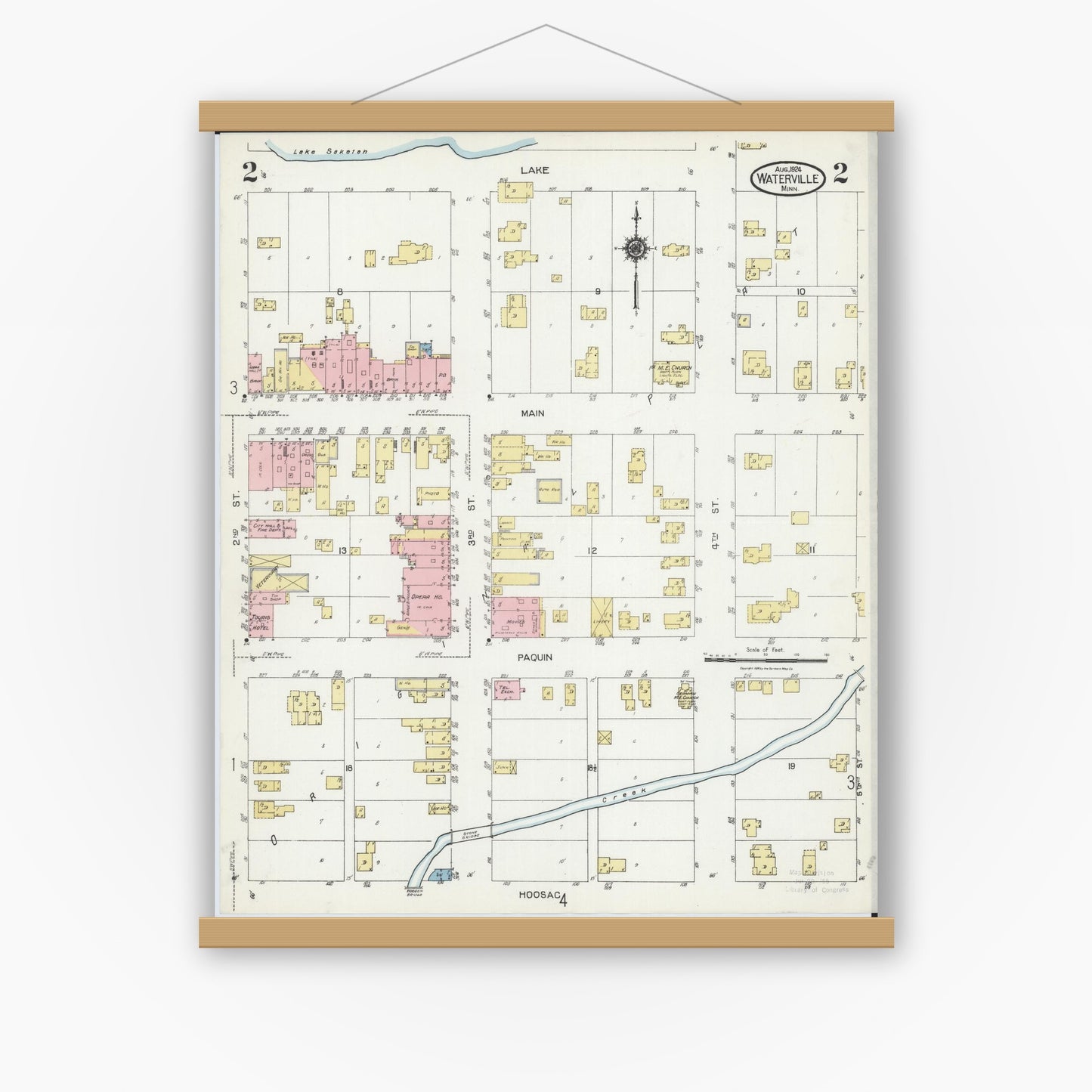 Old map wall art mockup — magnetic wood frame on white wall — Sanborn Fire Insurance Map from Waterville, Le Sueur County, Minnesota (1924), Sheet #0002