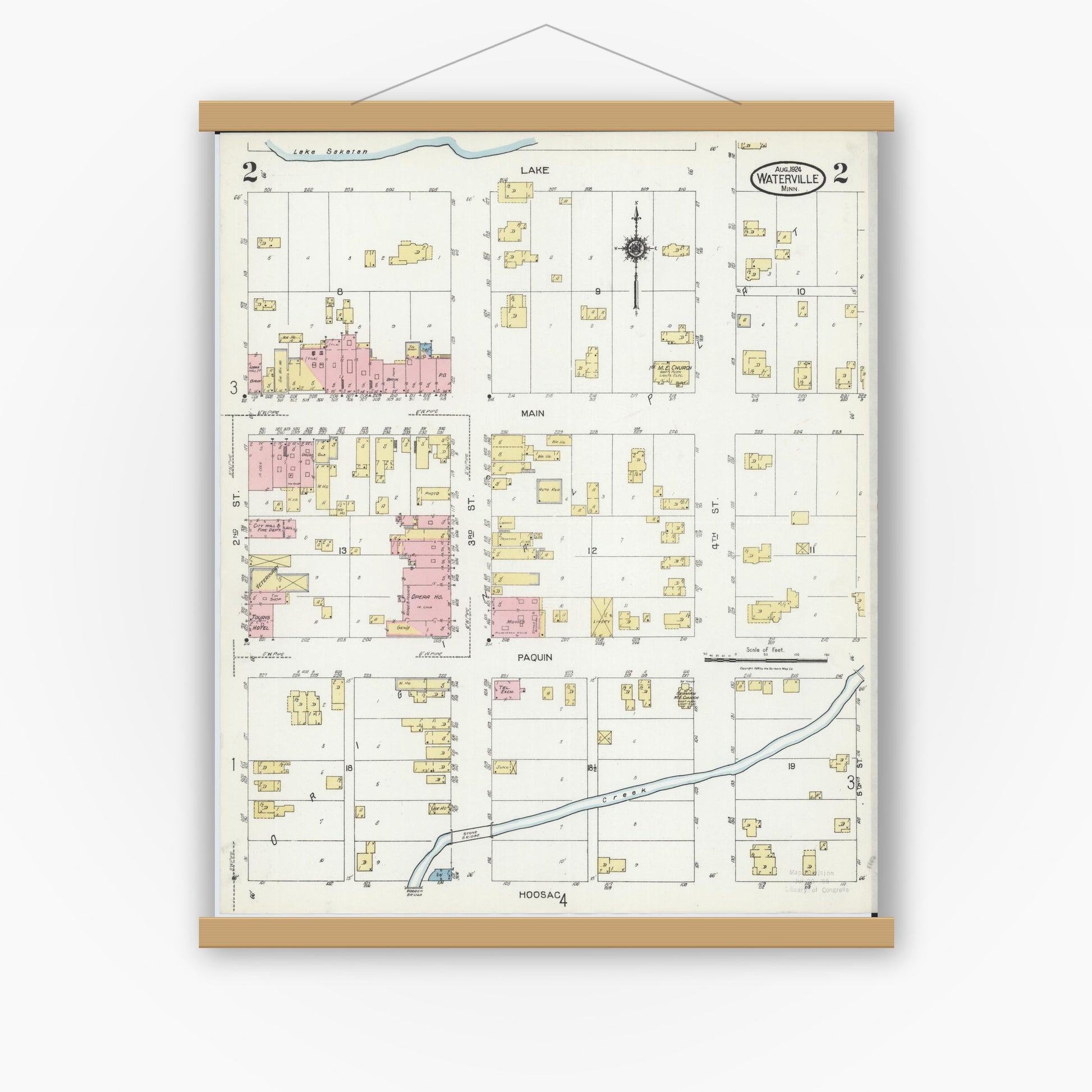 Old map wall art mockup — magnetic wood frame on white wall — Sanborn Fire Insurance Map from Waterville, Le Sueur County, Minnesota (1924), Sheet #0002
