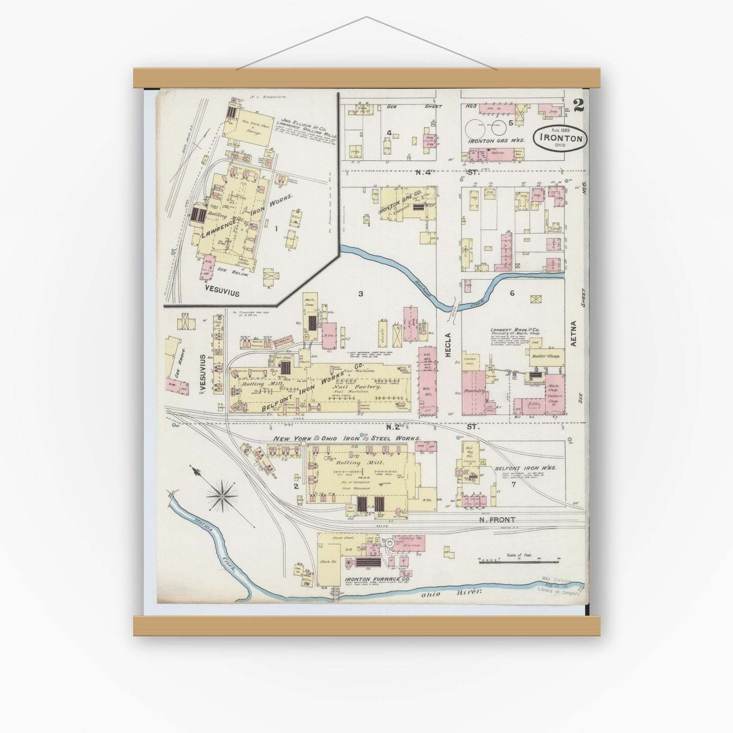 Old map wall art mockup — magnetic wood frame on white wall — Sanborn Fire Insurance Map from Ironton, Lawrence County, Ohio (1889), Sheet #0002