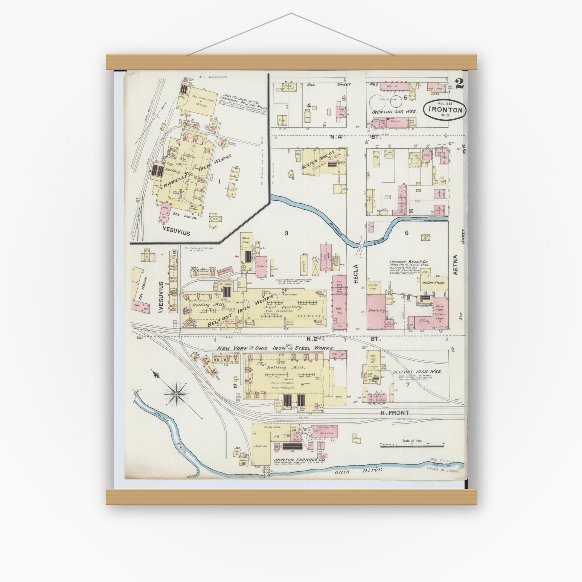 Old map wall art mockup — magnetic wood frame on white wall — Sanborn Fire Insurance Map from Ironton, Lawrence County, Ohio (1889), Sheet #0002