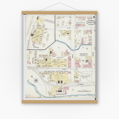 Old map wall art mockup — magnetic wood frame on white wall — Sanborn Fire Insurance Map from Ironton, Lawrence County, Ohio (1889), Sheet #0002