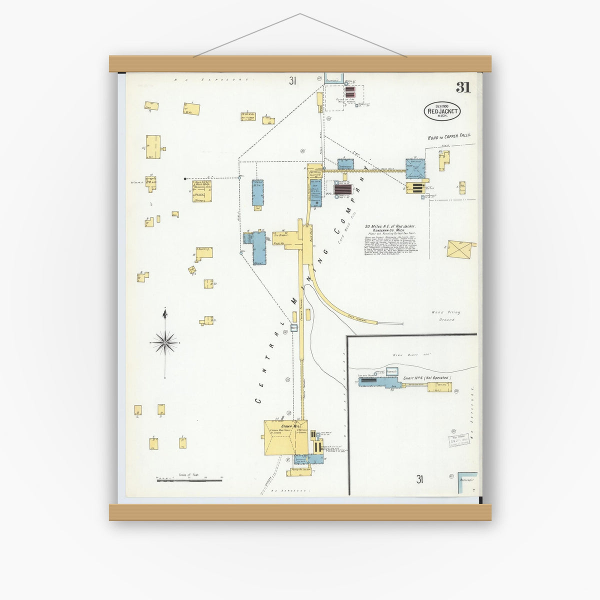 Old map wall art mockup — magnetic wood frame on white wall — Sanborn Fire Insurance Map from Red Jacket, Houghton County, Michigan (1900), Sheet #0031