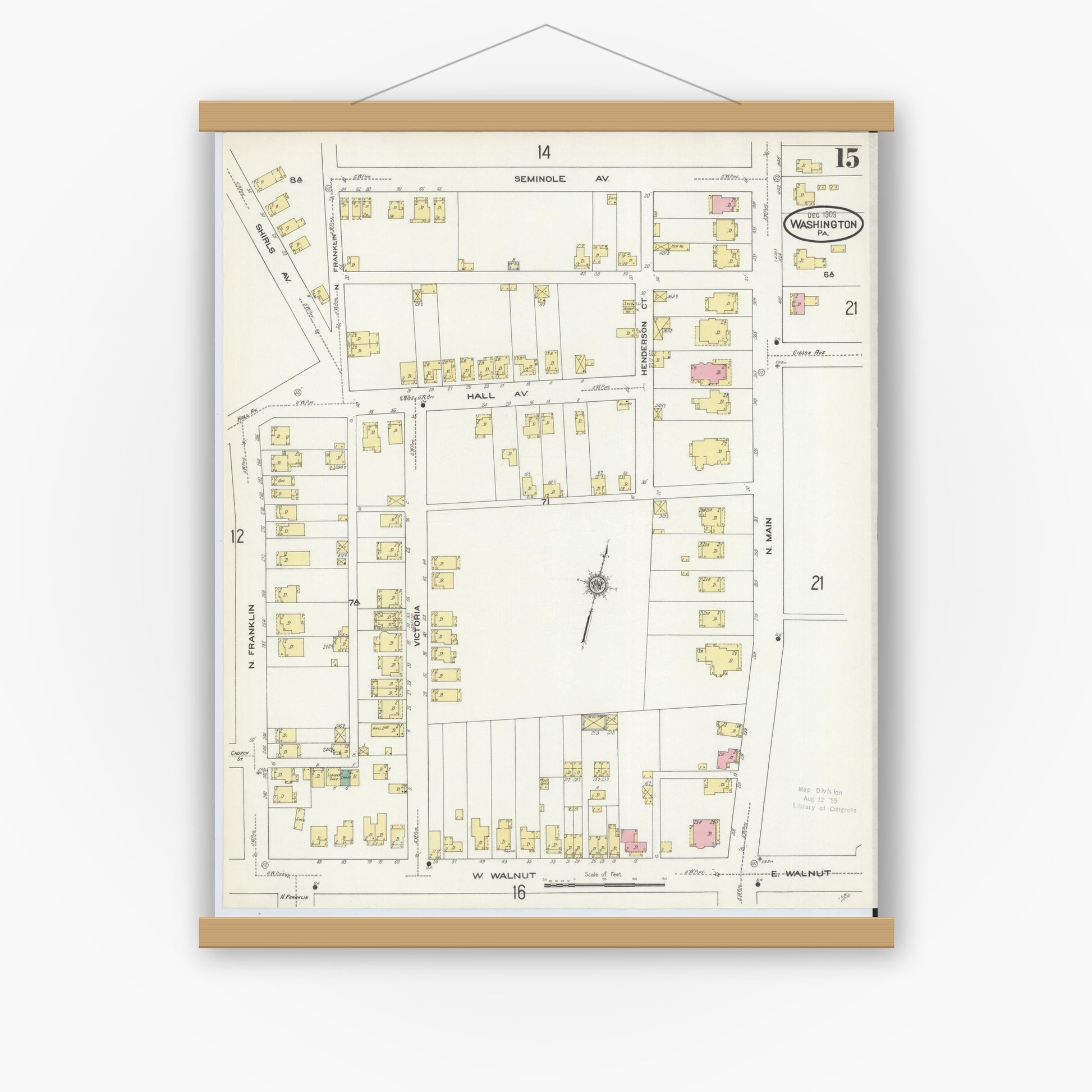 Old map wall art mockup — magnetic wood frame on white wall — Sanborn Fire Insurance Map from Washington, Washington County, Pennsylvania (1909), Sheet #0015