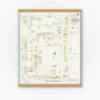 Old map wall art mockup — magnetic wood frame on white wall — Sanborn Fire Insurance Map from Washington, Washington County, Pennsylvania (1909), Sheet #0015
