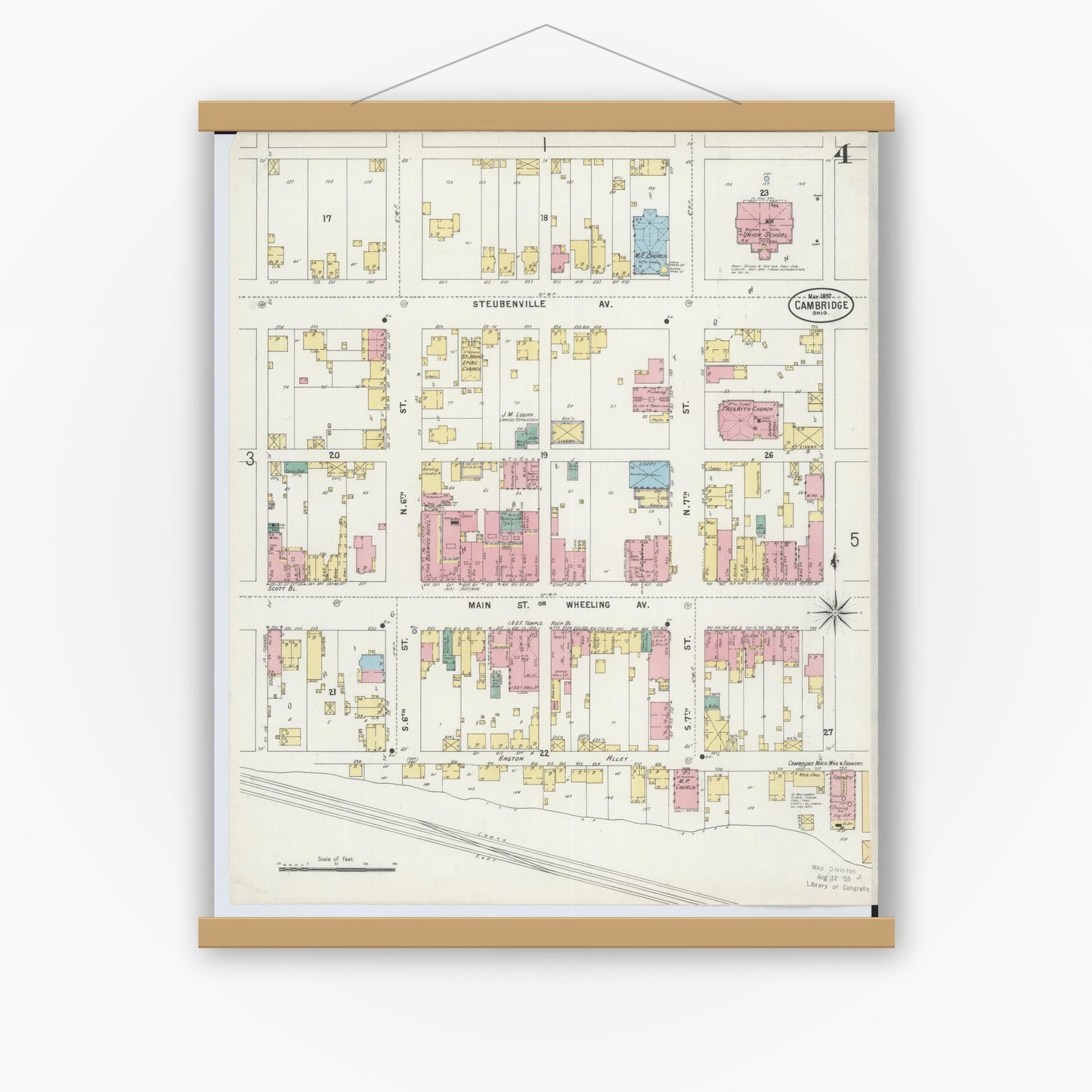 Old map wall art mockup — magnetic wood frame on white wall — Sanborn Fire Insurance Map from Cambridge, Guernsey County, Ohio (1897), Sheet #0004