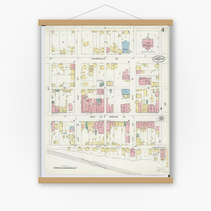 Old map wall art mockup — magnetic wood frame on white wall — Sanborn Fire Insurance Map from Cambridge, Guernsey County, Ohio (1897), Sheet #0004