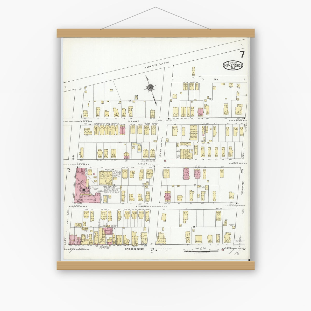 Old map wall art mockup — magnetic wood frame on white wall — Sanborn Fire Insurance Map from Riverside, Burlington County, New Jersey (1919), Sheet #0007