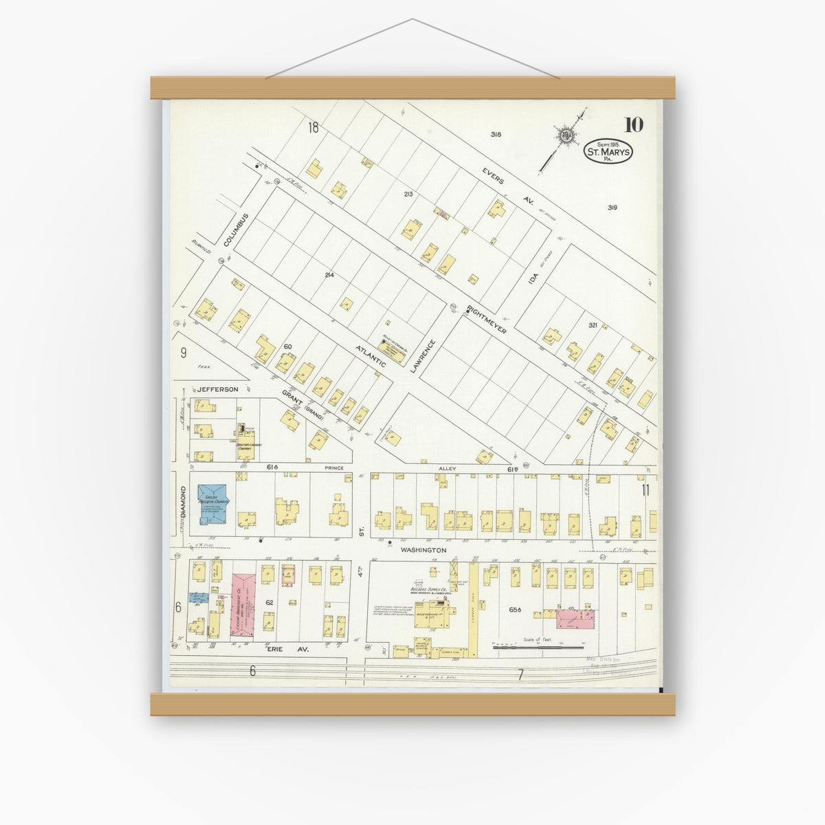 Old map wall art mockup — magnetic wood frame on white wall — Sanborn Fire Insurance Map from Saint Marys, Elk County, Pennsylvania (1915), Sheet #0010