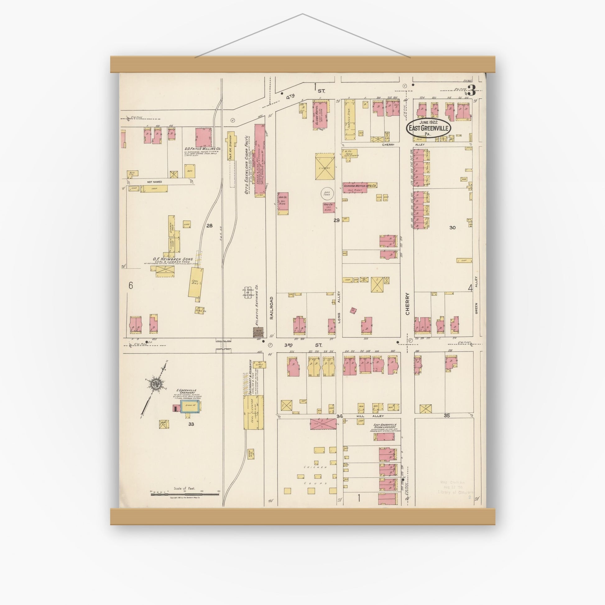 Old map wall art mockup — magnetic wood frame on white wall — Sanborn Fire Insurance Map from East Greenville, Montgomery County, Pennsylvania (1922), Sheet #0003