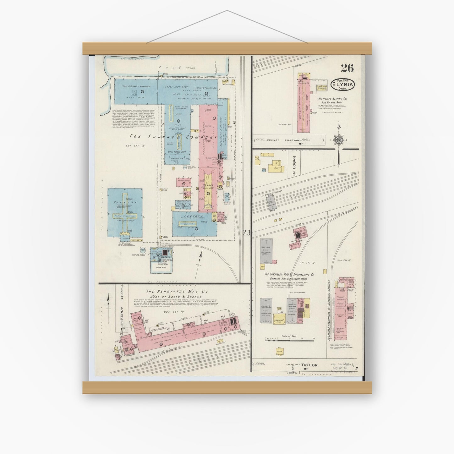 Old map wall art mockup — magnetic wood frame on white wall — Sanborn Fire Insurance Map from Elyria, Lorain County, Ohio (1915), Sheet #0026