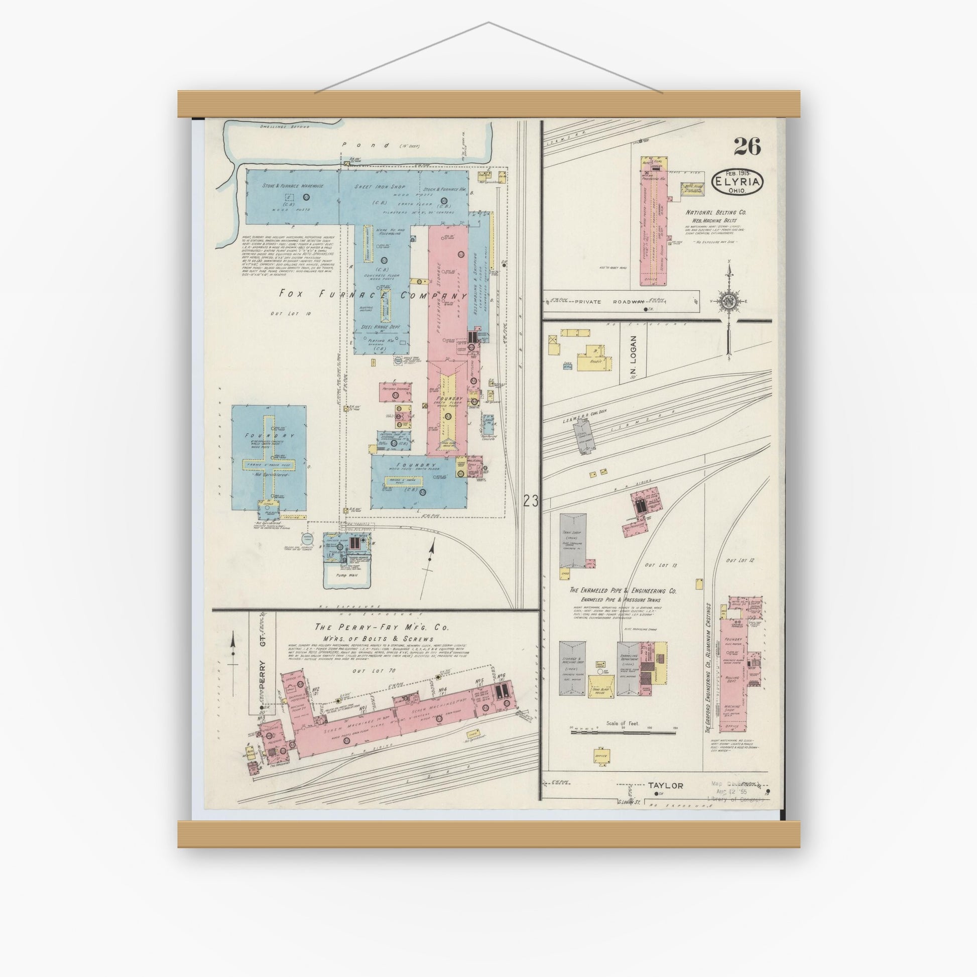 Old map wall art mockup — magnetic wood frame on white wall — Sanborn Fire Insurance Map from Elyria, Lorain County, Ohio (1915), Sheet #0026