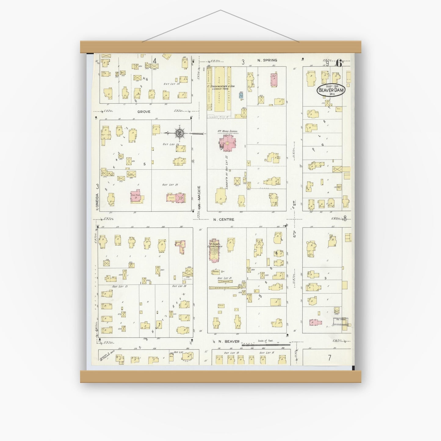 Old map wall art mockup — magnetic wood frame on white wall — Sanborn Fire Insurance Map from Beaver Dam, Dodge County, Wisconsin (1914), Sheet #0006