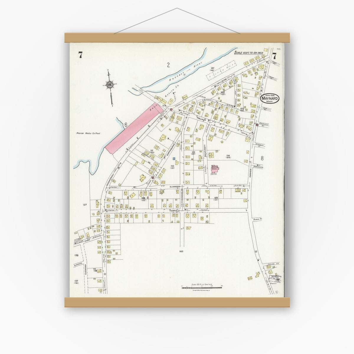 Old map wall art mockup — magnetic wood frame on white wall — Sanborn Fire Insurance Map from Maynard, Middlesex County, Massachusetts (1924), Sheet #0007