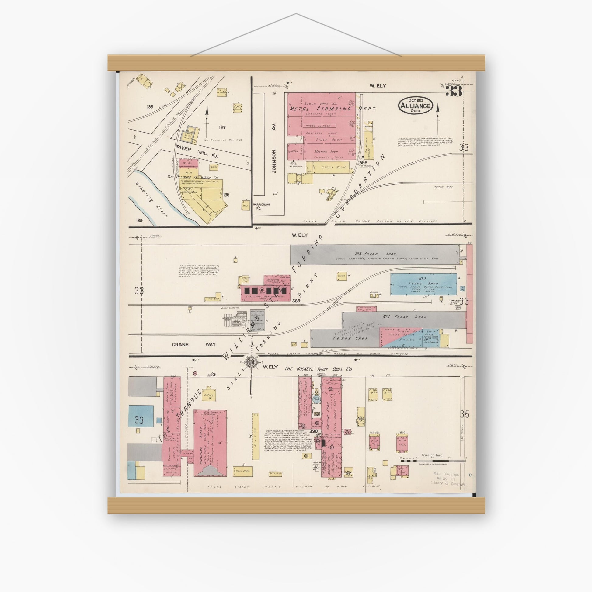 Old map wall art mockup — magnetic wood frame on white wall — Sanborn Fire Insurance Map from Alliance, Stark County, Ohio (1921), Sheet #0033