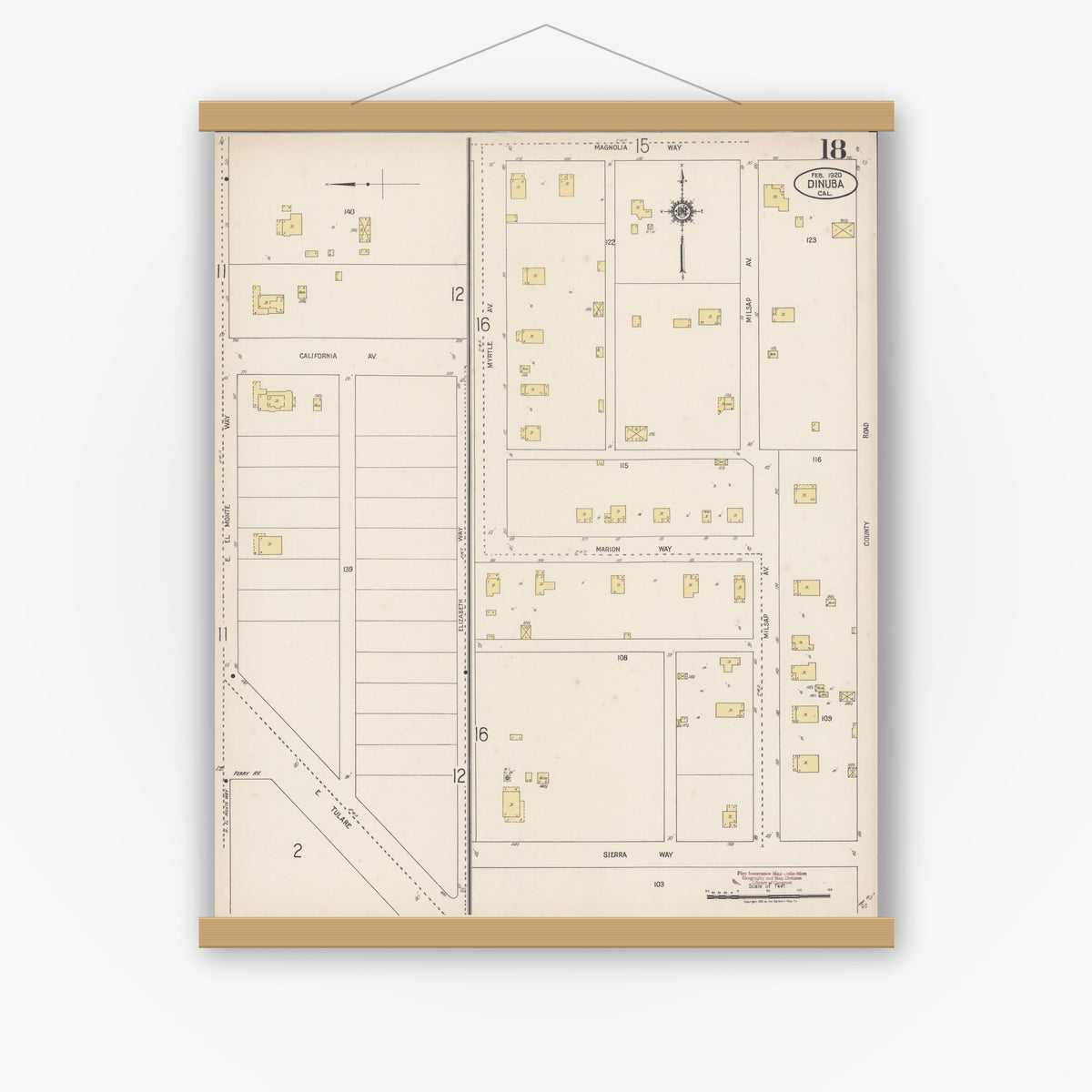 Old map wall art mockup — magnetic wood frame on white wall — Sanborn Fire Insurance Map from Dinuba, Tulare County, California (1920), Sheet #0018